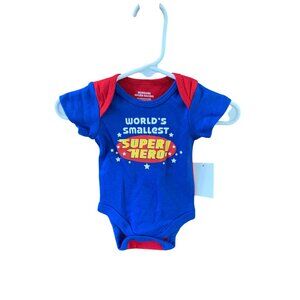 New Infant Baby Size Newborn 1 piece Bodysuit Worlds Smallest Super Hero Red Blu